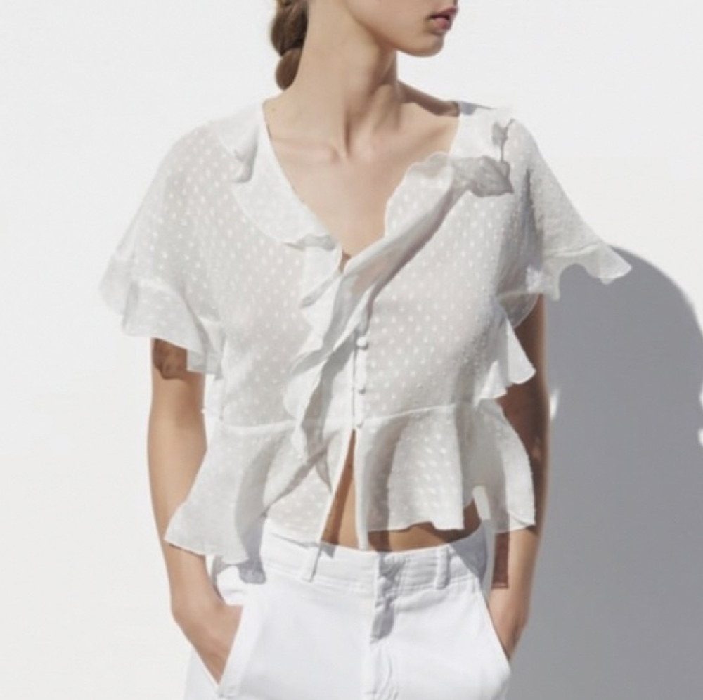 Zara Sheer Swissdot Ruffle Neckline and Trim Relaxed Fit Top Blouse